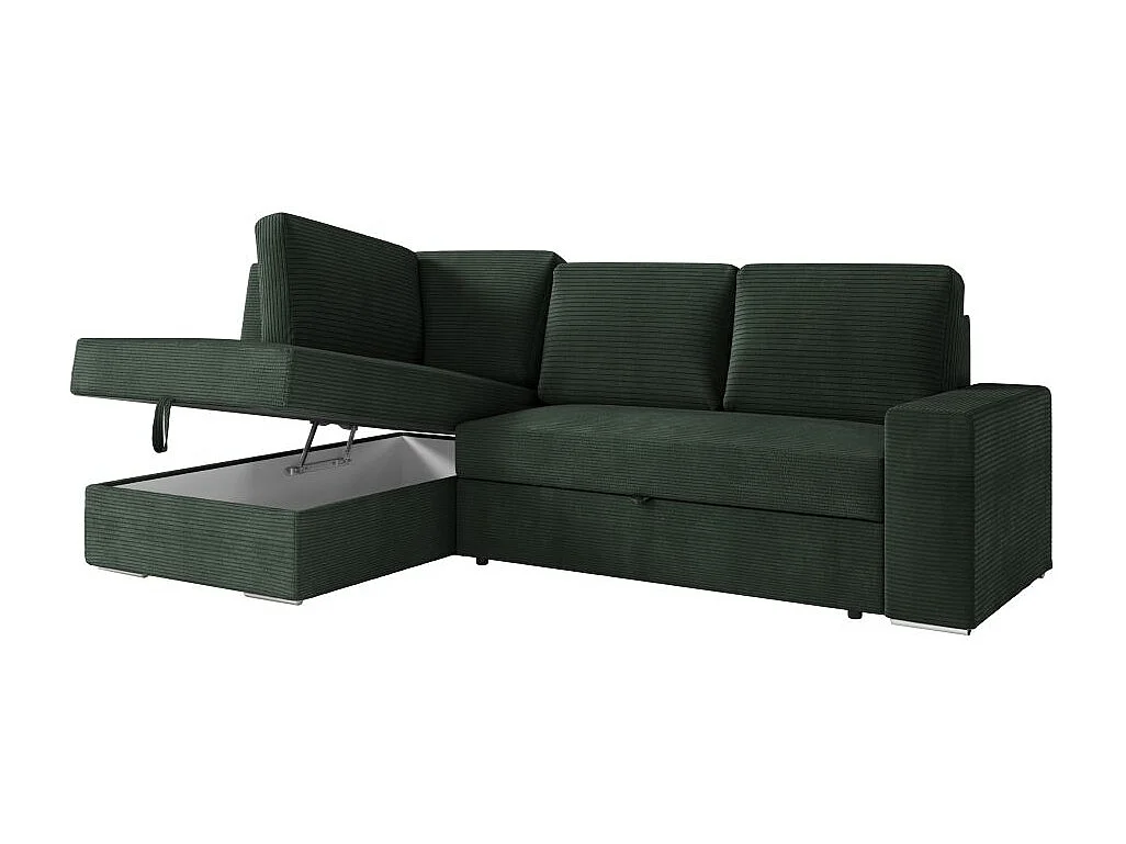 Canapé d'angle gauche 3 places convertible Aden avec coffre en velours côtelé - Vert foncé - L246 x P174 x H96cm - Loungitude
