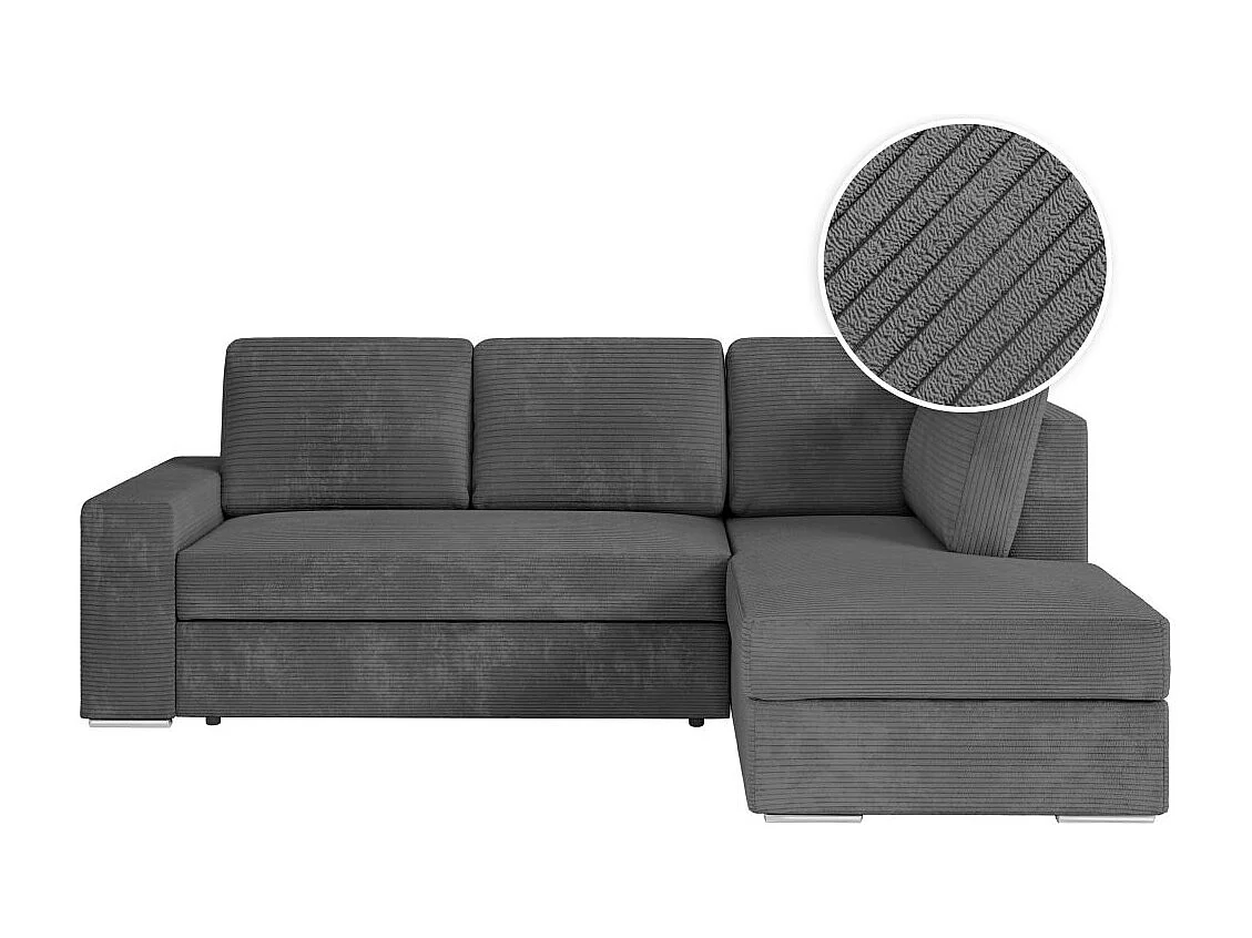 Canapé d'angle droit 3 places convertible Aden avec coffre en velours côtelé - Gris anthracite - L246 x P174 x H96cm - Loungitude