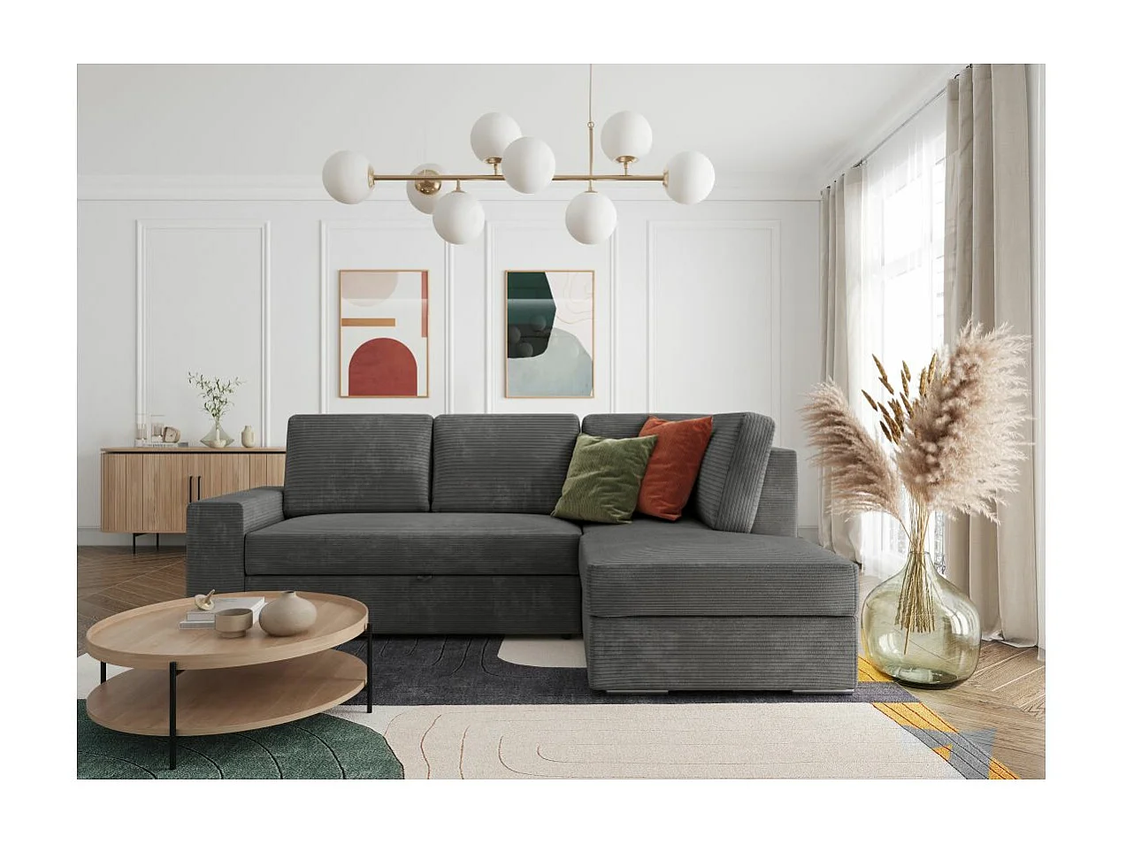 Canapé d'angle droit 3 places convertible Aden avec coffre en velours côtelé - Gris anthracite - L246 x P174 x H96cm - Loungitude