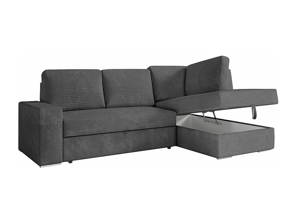 Canapé d'angle droit 3 places convertible Aden avec coffre en velours côtelé - Gris anthracite - L246 x P174 x H96cm - Loungitude