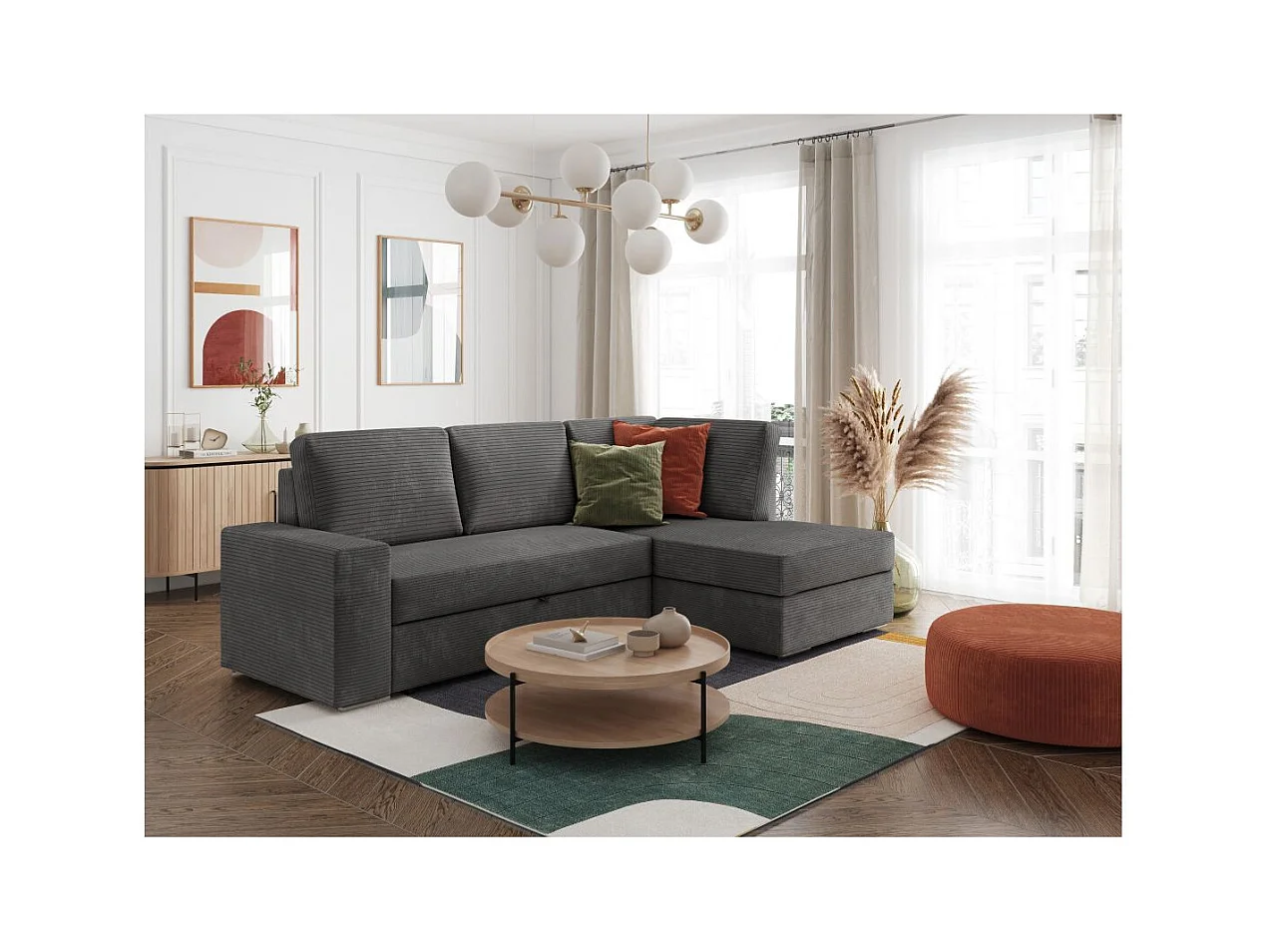 Canapé d'angle droit 3 places convertible Aden avec coffre en velours côtelé - Gris anthracite - L246 x P174 x H96cm - Loungitude