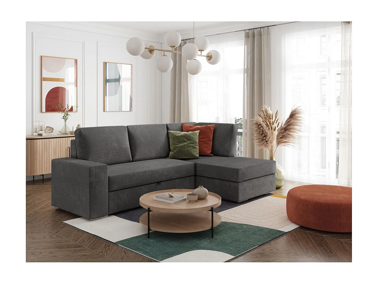 Canapé d'angle droit 3 places convertible Aden avec coffre en velours côtelé - Gris anthracite - L246 x P174 x H96cm - Loungitude