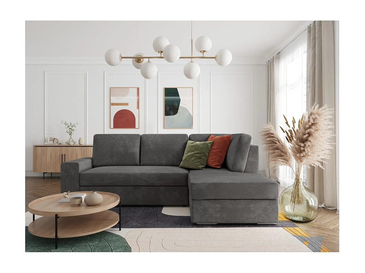 Canapé d'angle droit 3 places convertible Aden avec coffre en velours côtelé - Gris anthracite - L246 x P174 x H96cm - Loungitude