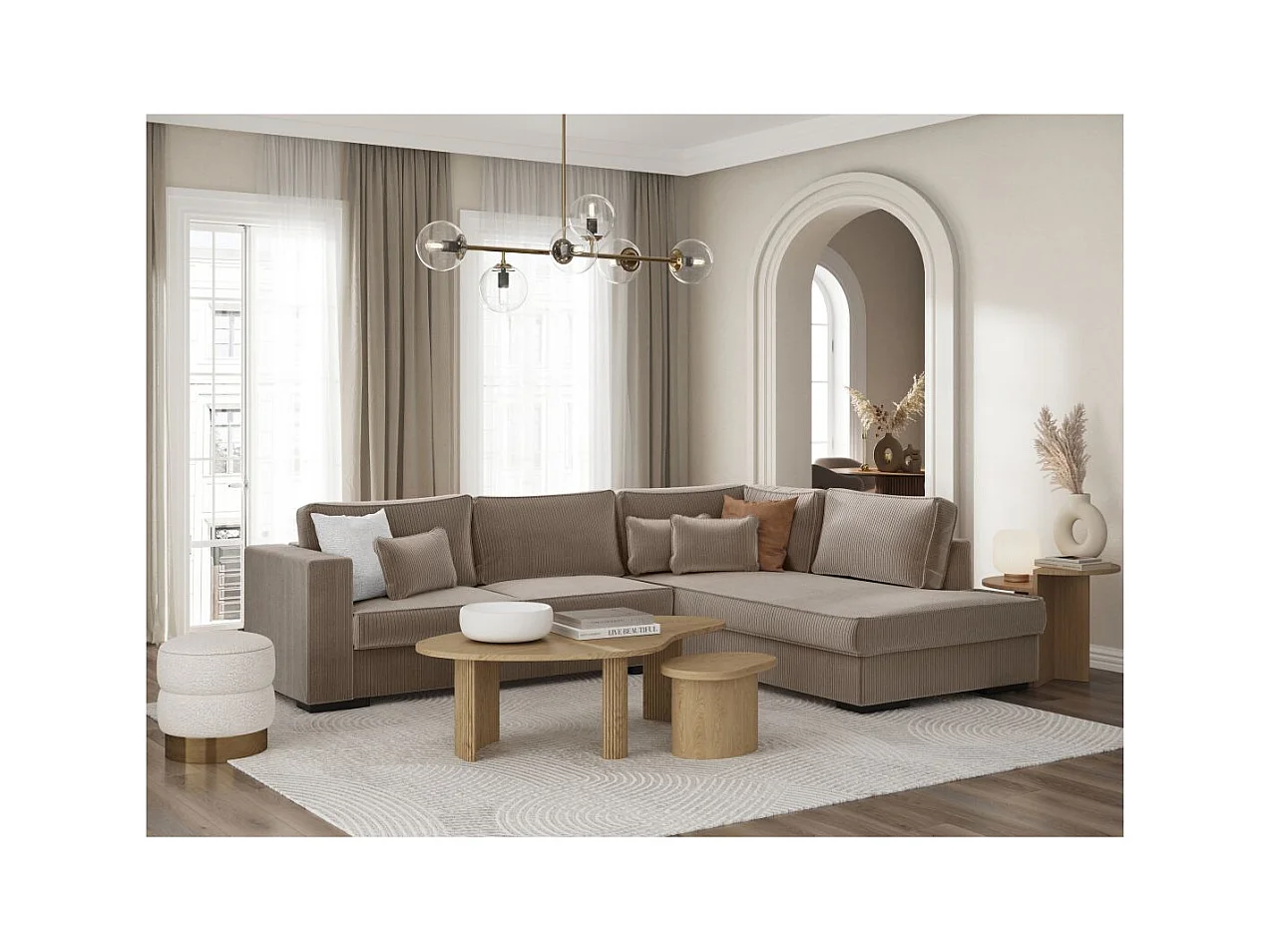 Canapé d'angle droit Belami XXL 6 places en velours côtelé - Taupe - L303 x P228 x H86cm - Loungitude