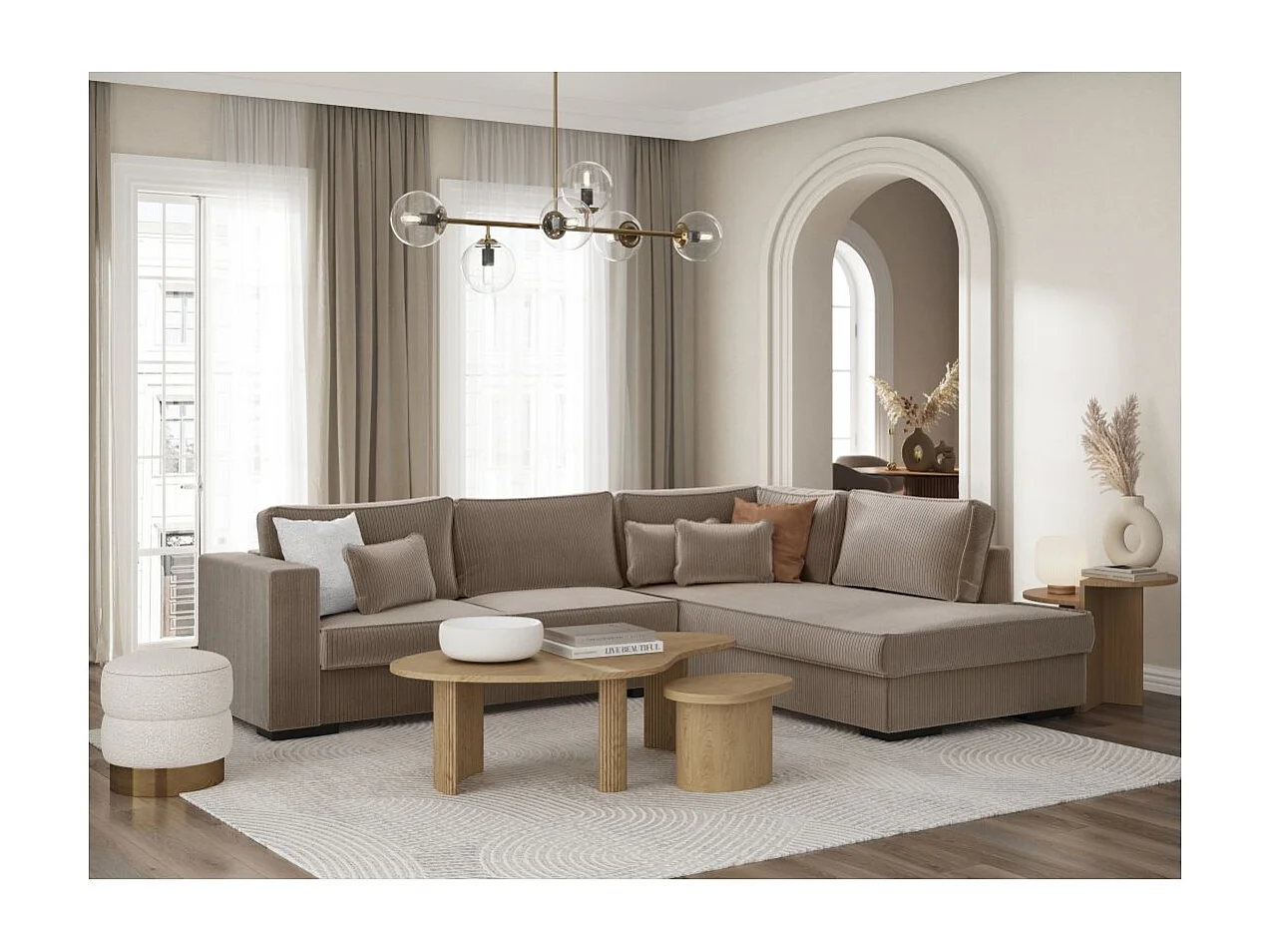 Canapé d'angle droit Belami XXL 6 places en velours côtelé - Taupe - L303 x P228 x H86cm - Loungitude
