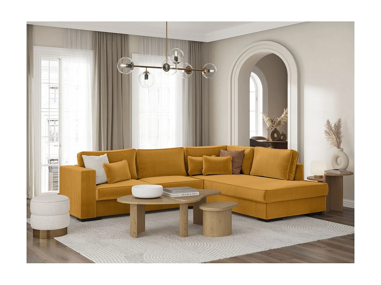 Canapé d'angle droit Belami XXL 6 places en velours côtelé - Jaune - L303 x P228 x H86cm - Loungitude