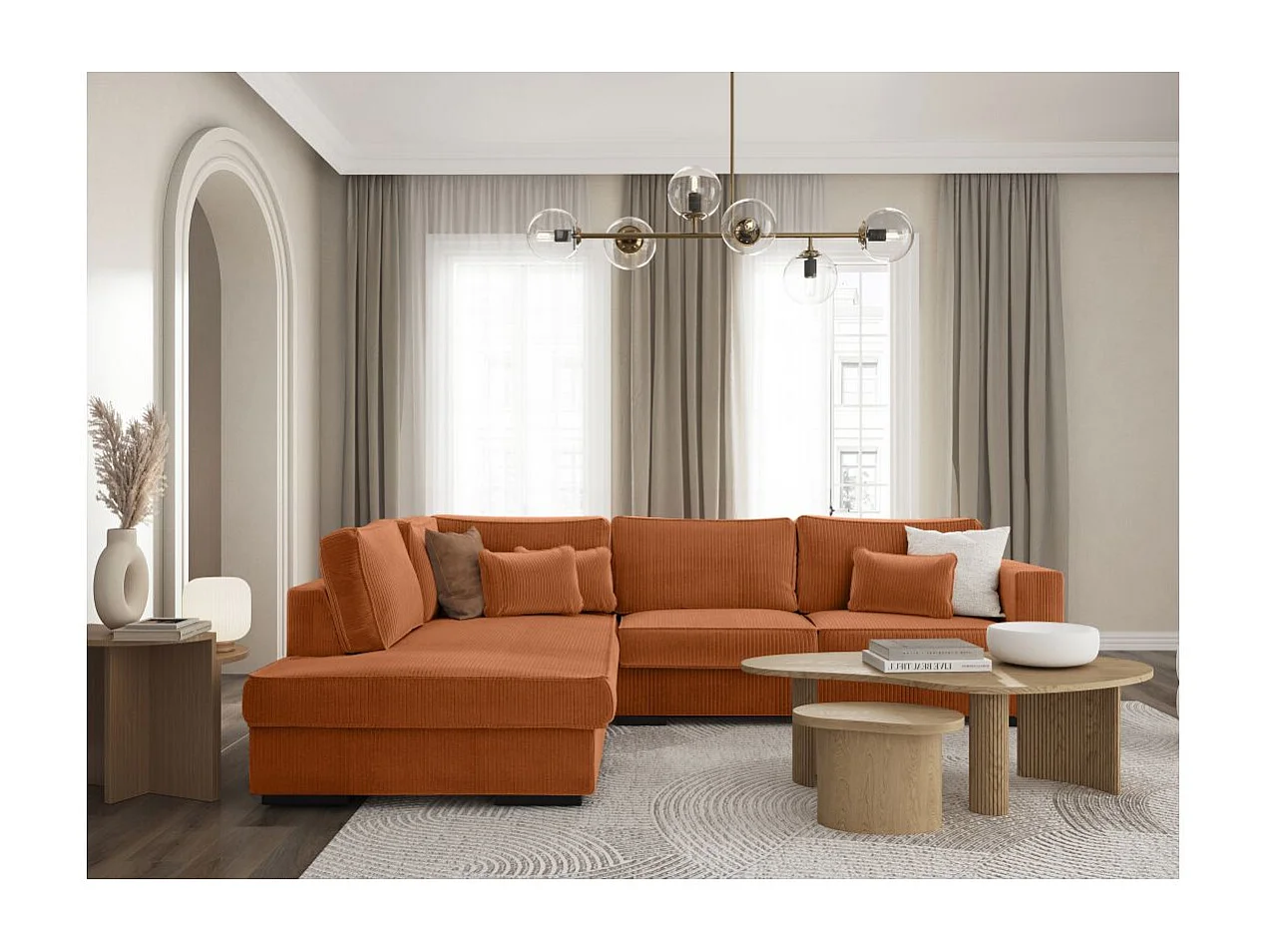 Canapé d'angle gauche Belami XXL 6 places en velours côtelé - Terracotta - L303 x P228 x H86cm - Loungitude