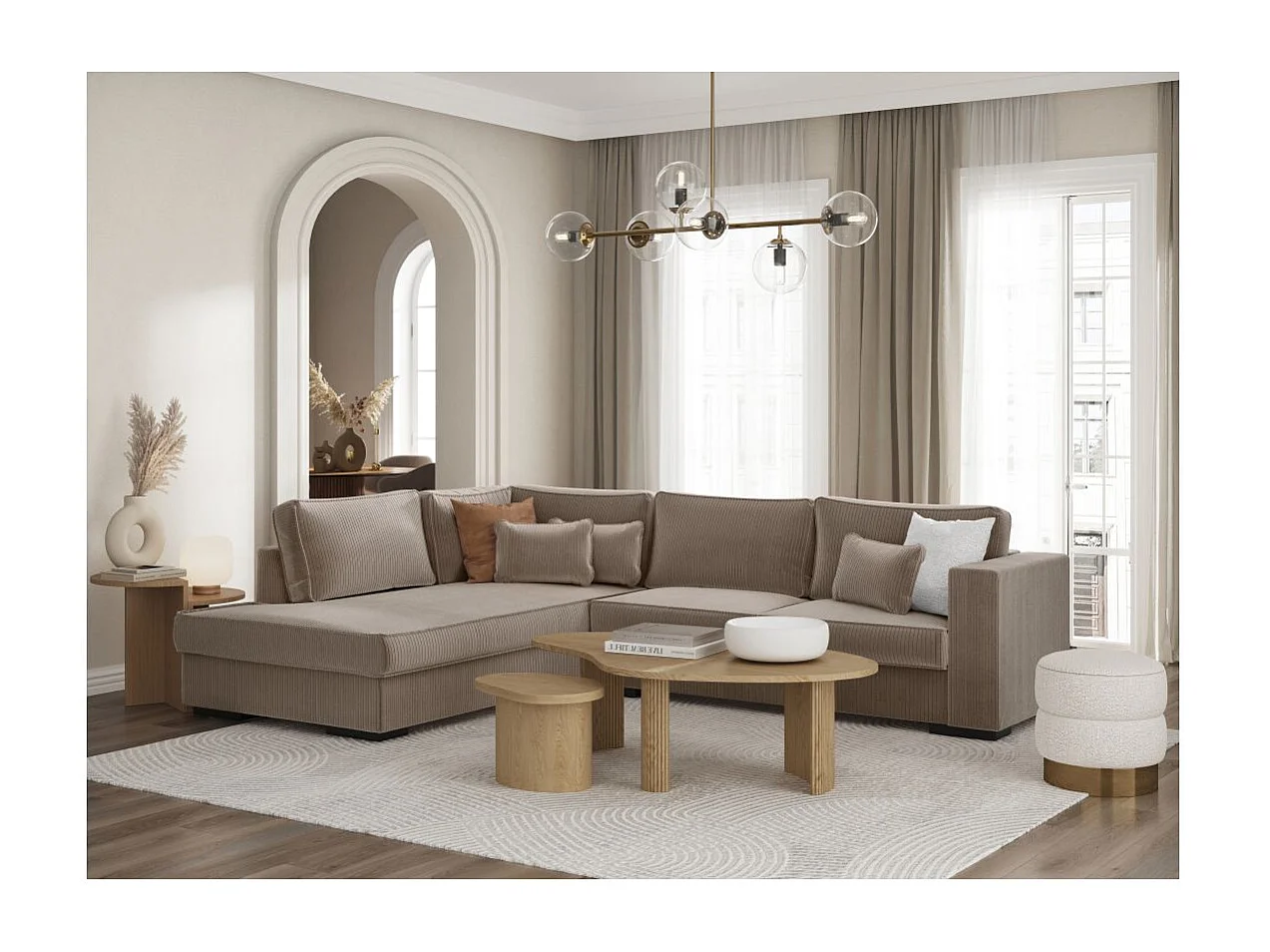 Canapé d'angle gauche Belami XXL 6 places en velours côtelé - Taupe - L303 x P228 x H86cm - Loungitude