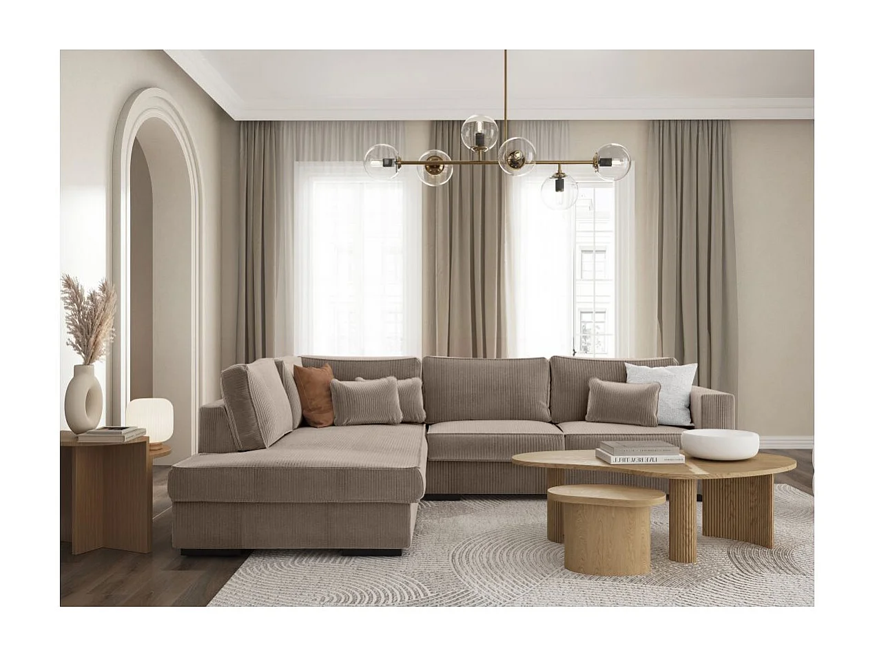 Canapé d'angle gauche Belami XXL 6 places en velours côtelé - Taupe - L303 x P228 x H86cm - Loungitude