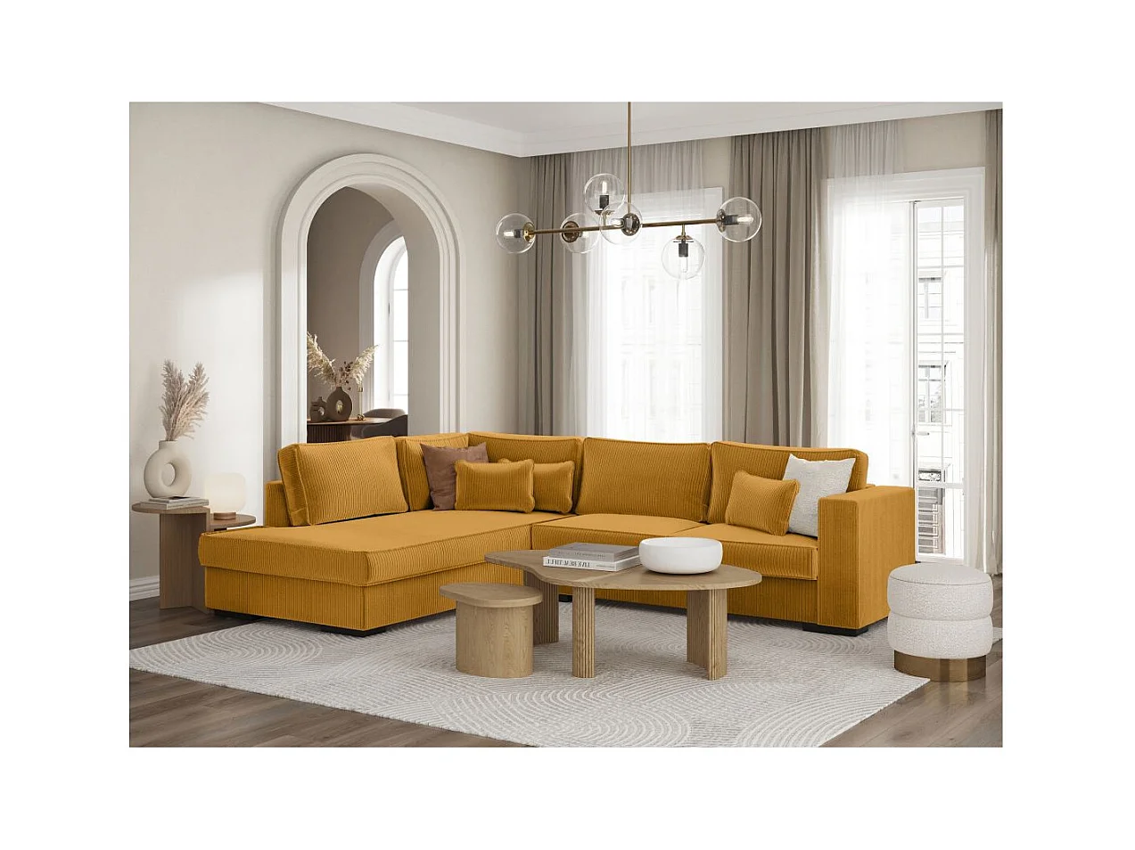 Canapé d'angle gauche Belami XXL 6 places en velours côtelé - Jaune - L303 x P228 x H86cm - Loungitude