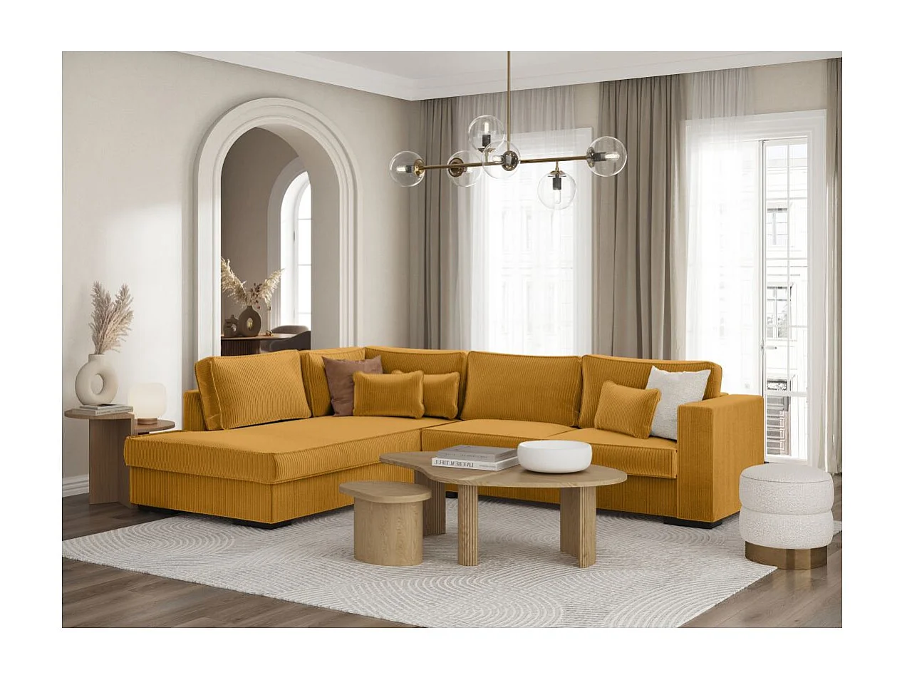 Canapé d'angle gauche Belami XXL 6 places en velours côtelé - Jaune - L303 x P228 x H86cm - Loungitude