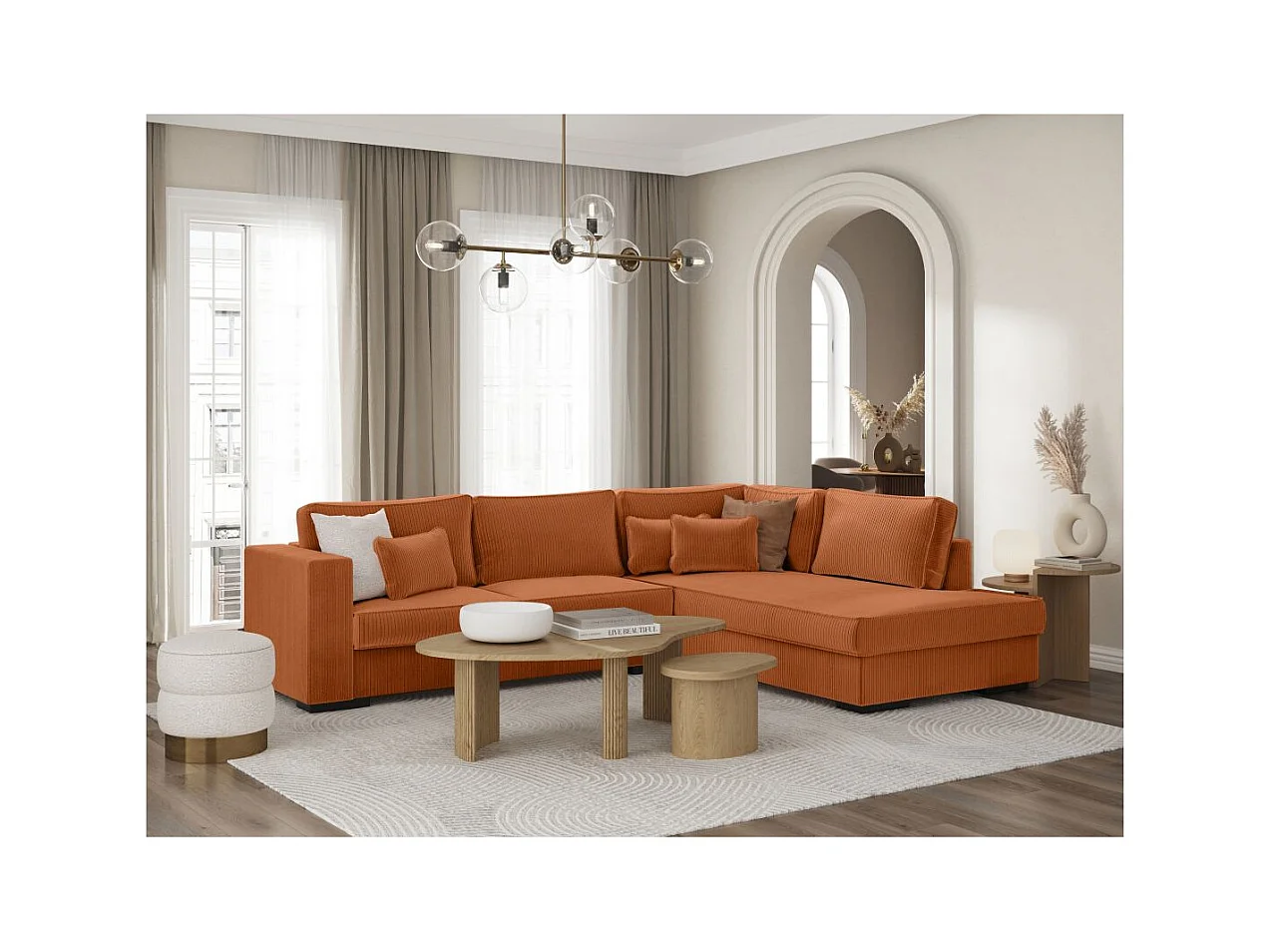 Canapé d'angle droit Belami XXL 6 places en velours côtelé - Terracotta - L303 x P228 x H86cm - Loungitude