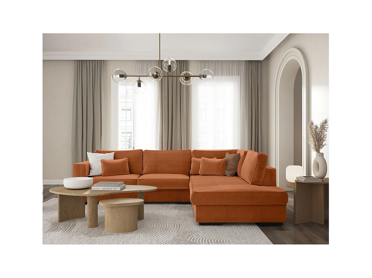 Canapé d'angle droit Belami XXL 6 places en velours côtelé - Terracotta - L303 x P228 x H86cm - Loungitude