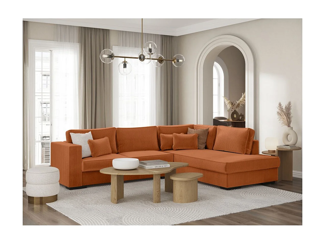 Canapé d'angle droit Belami XXL 6 places en velours côtelé - Terracotta - L303 x P228 x H86cm - Loungitude