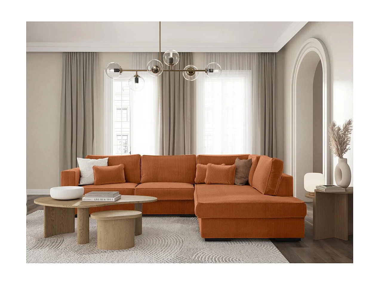 Canapé d'angle droit Belami XXL 6 places en velours côtelé - Terracotta - L303 x P228 x H86cm - Loungitude