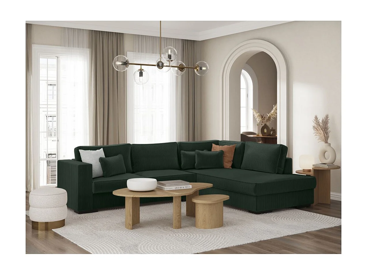 Canapé d'angle droit Belami XXL 6 places en velours côtelé - Vert foncé - L303 x P228 x H86cm - Loungitude