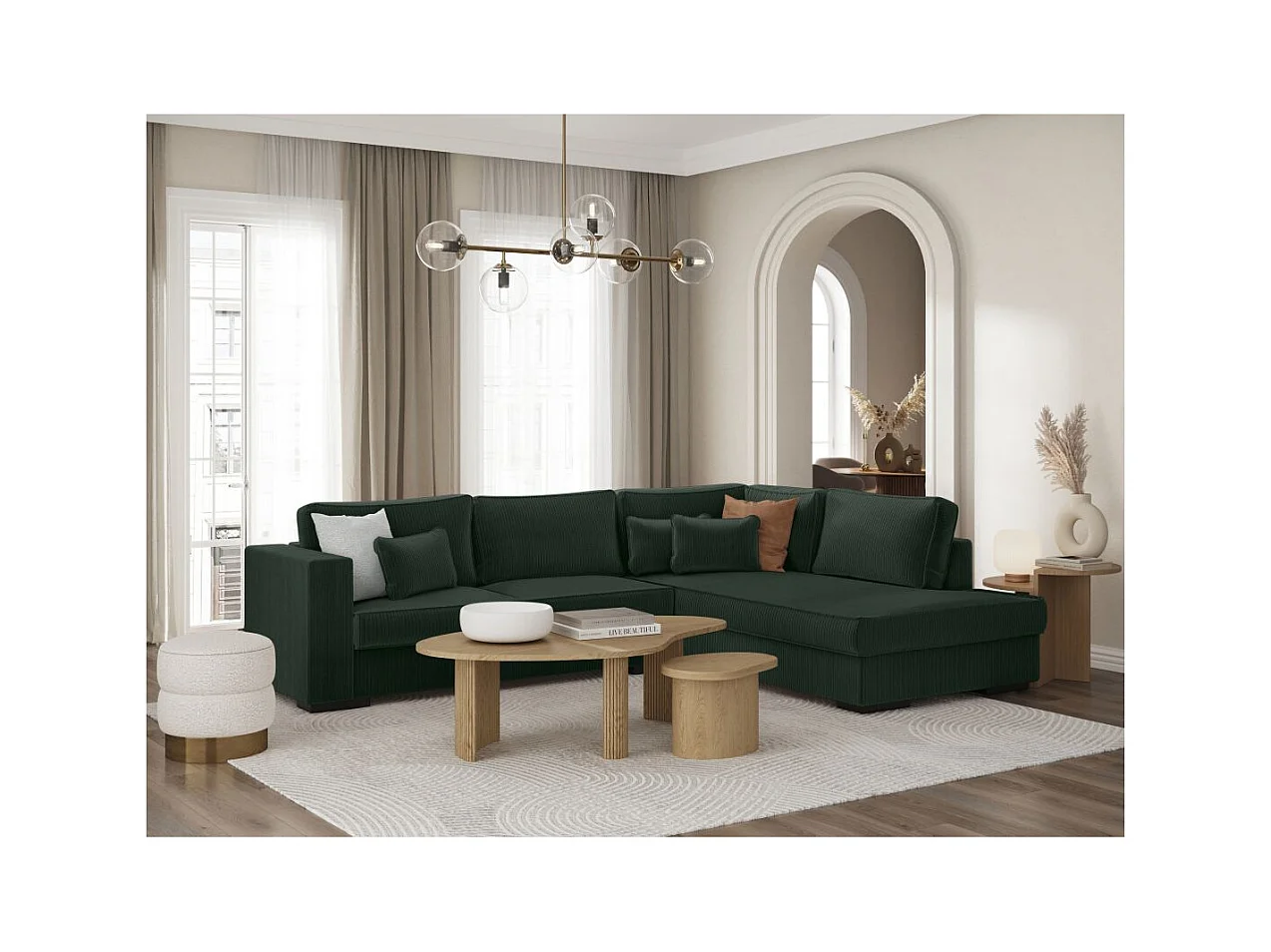Canapé d'angle droit Belami XXL 6 places en velours côtelé - Vert foncé - L303 x P228 x H86cm - Loungitude