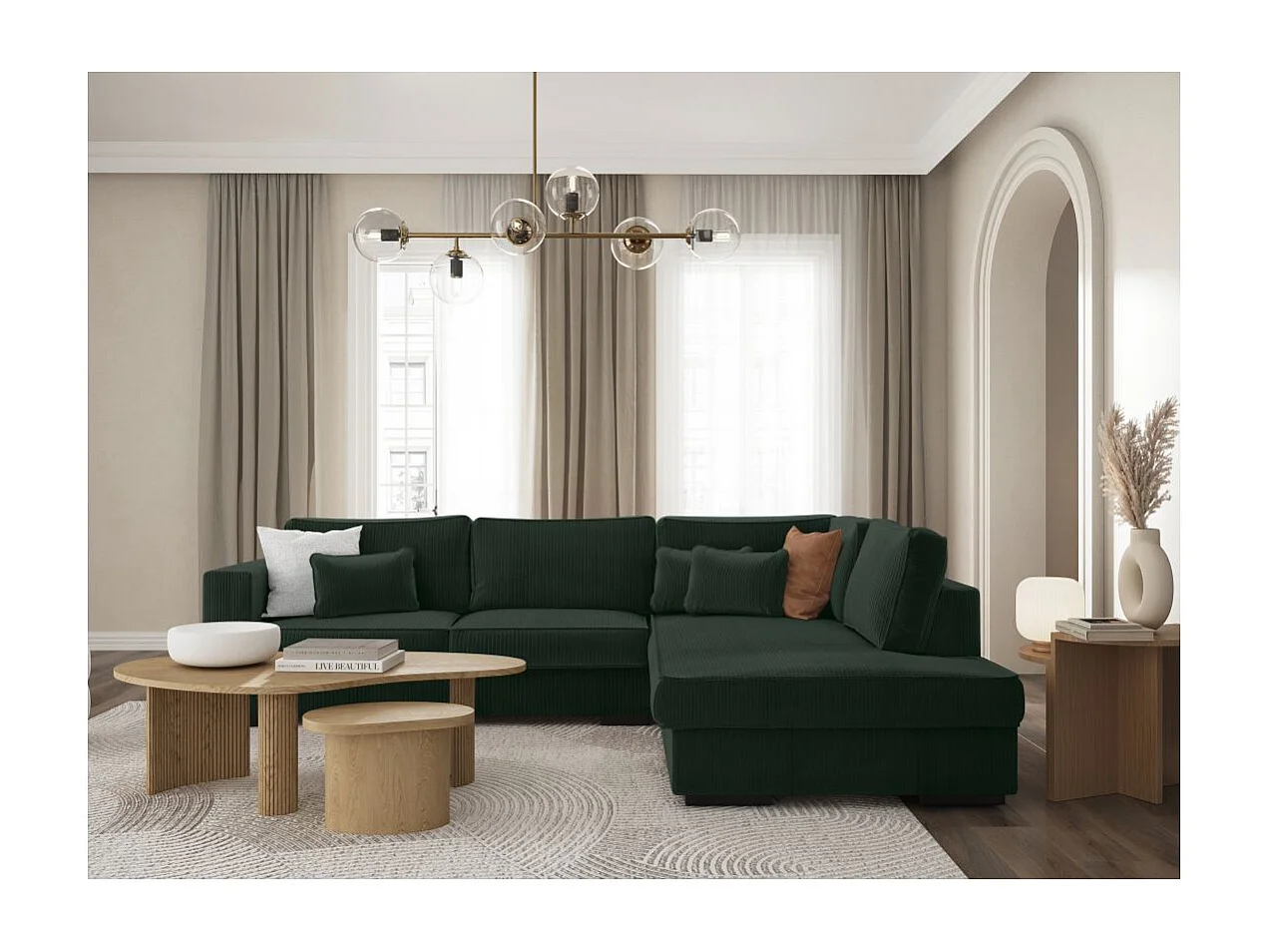 Canapé d'angle droit Belami XXL 6 places en velours côtelé - Vert foncé - L303 x P228 x H86cm - Loungitude