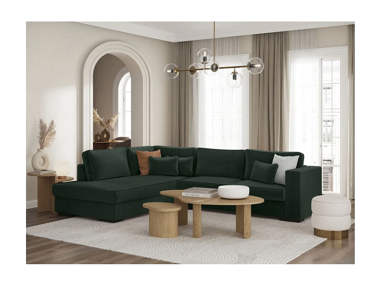 Canapé d'angle gauche Belami XXL 6 places en velours côtelé - Vert foncé - L303 x P228 x H86cm - Loungitude
