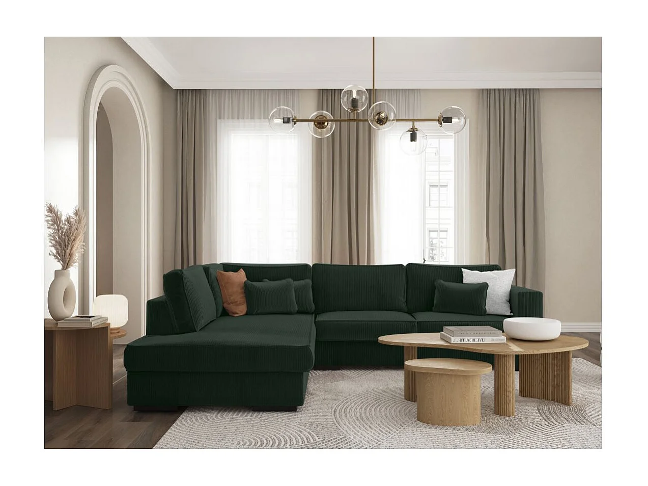 Canapé d'angle gauche Belami XXL 6 places en velours côtelé - Vert foncé - L303 x P228 x H86cm - Loungitude