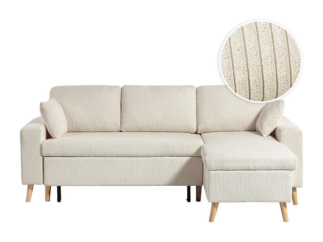 Canapé d'angle 3 places Maria scandinave réversible convertible avec coffre en velours côtelé - Beige - L227 x P148 x H95cm - Loungitude