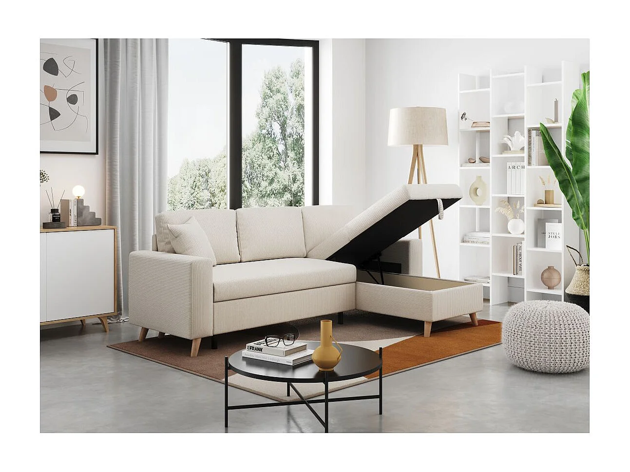 Canapé d'angle 3 places Maria scandinave réversible convertible avec coffre en velours côtelé - Beige - L227 x P148 x H95cm - Loungitude