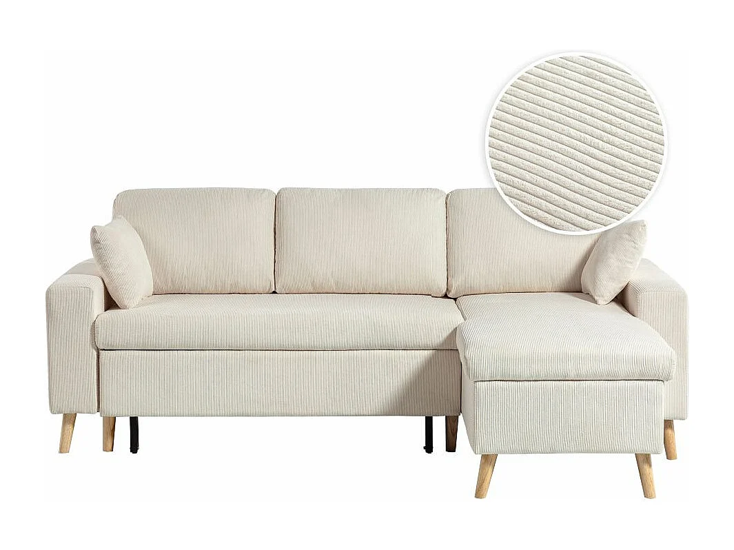 Canapé d'angle 3 places Maria scandinave réversible convertible avec coffre en velours côtelé - Beige - L227 x P148 x H95cm - Loungitude