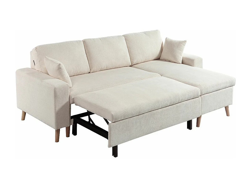 Canapé d'angle 3 places Maria scandinave réversible convertible avec coffre en velours côtelé - Beige - L227 x P148 x H95cm - Loungitude