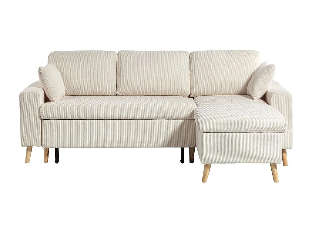 Canapé d'angle 3 places Maria scandinave réversible convertible avec coffre en velours côtelé - Beige - L227 x P148 x H95cm - Loungitude