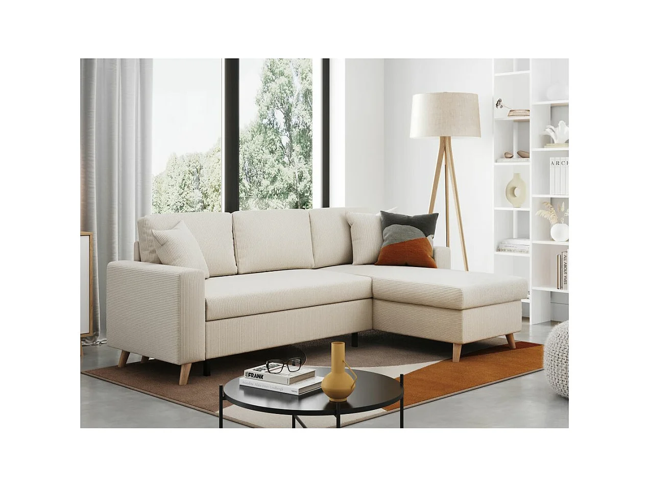 Canapé d'angle 3 places Maria scandinave réversible convertible avec coffre en velours côtelé - Beige - L227 x P148 x H95cm - Loungitude