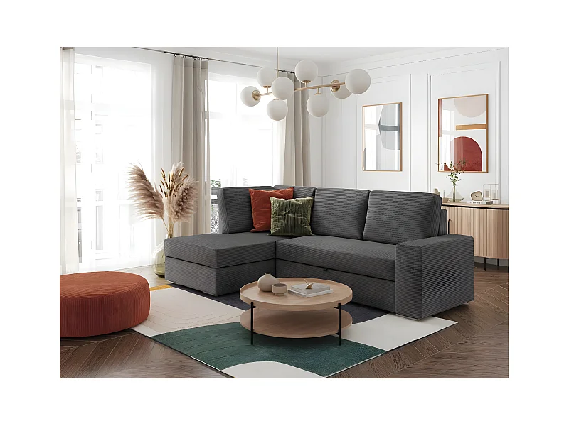 Canapé d'angle gauche 3 places convertible Aden avec coffre en velours côtelé - Gris anthracite - L246 x P174 x H96cm - Loungitude