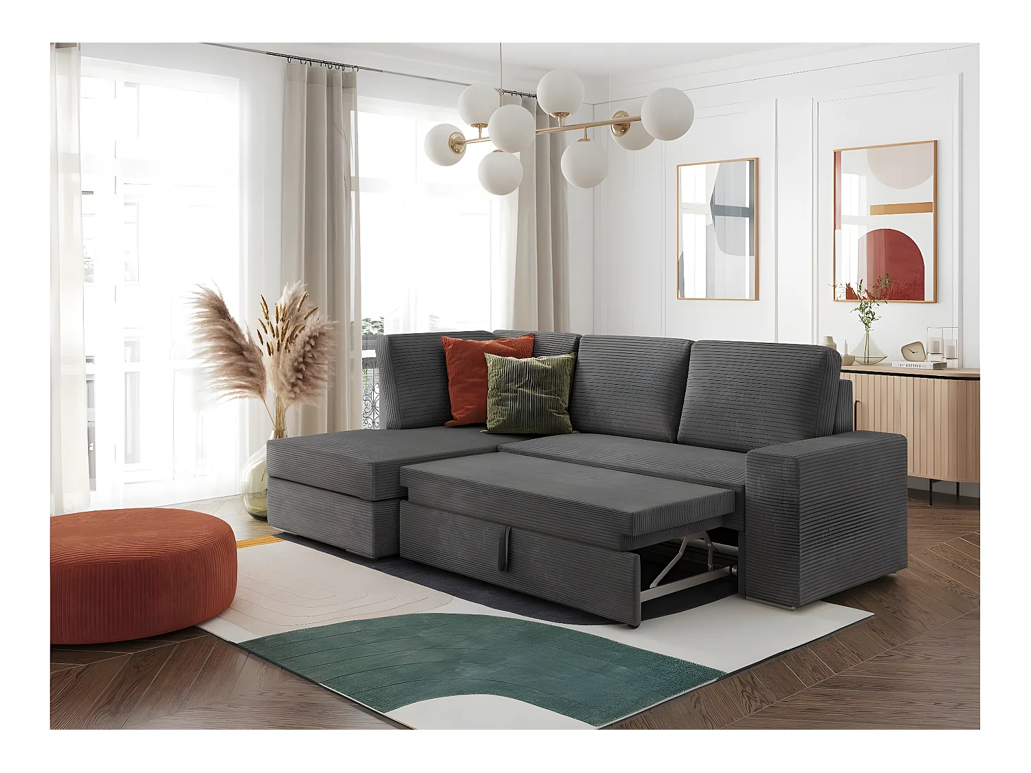 Canapé d'angle gauche 3 places convertible Aden avec coffre en velours côtelé - Gris anthracite - L246 x P174 x H96cm - Loungitude