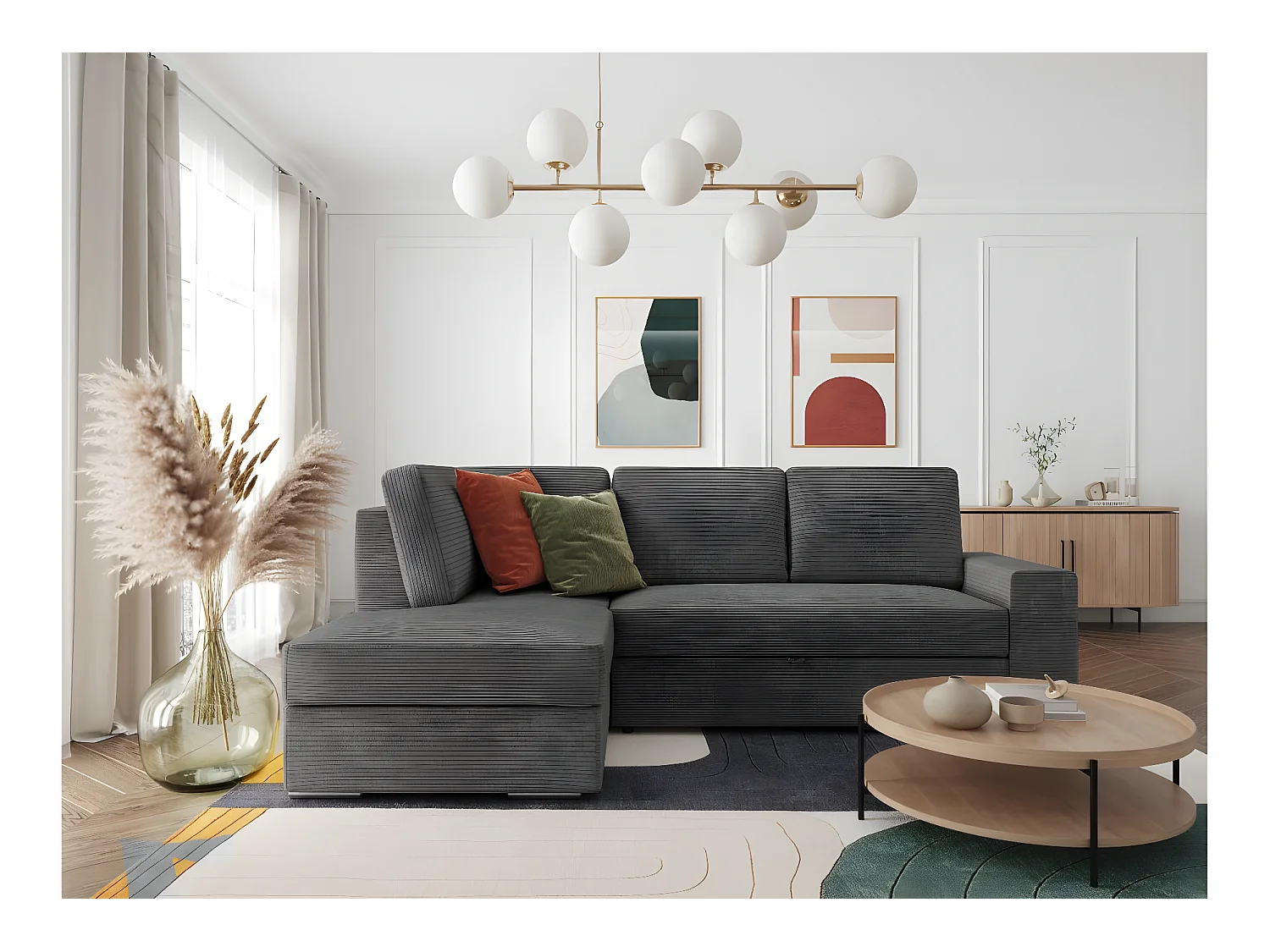 Canapé d'angle gauche 3 places convertible Aden avec coffre en velours côtelé - Gris anthracite - L246 x P174 x H96cm - Loungitude