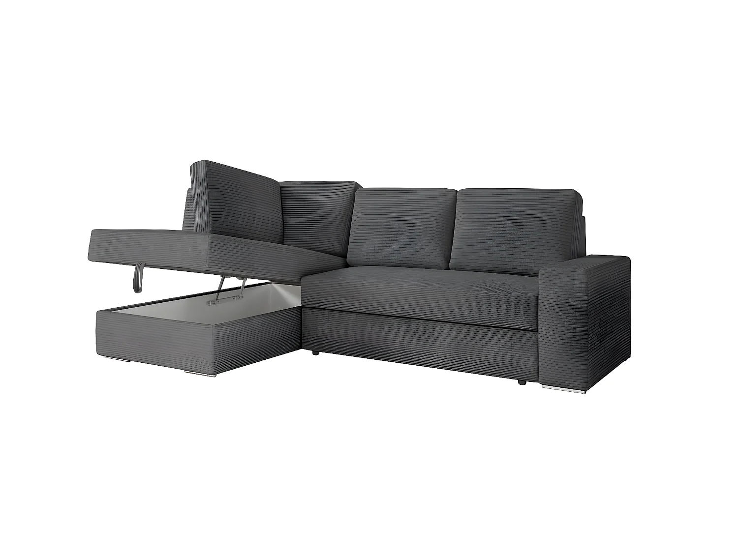 Canapé d'angle gauche 3 places convertible Aden avec coffre en velours côtelé - Gris anthracite - L246 x P174 x H96cm - Loungitude