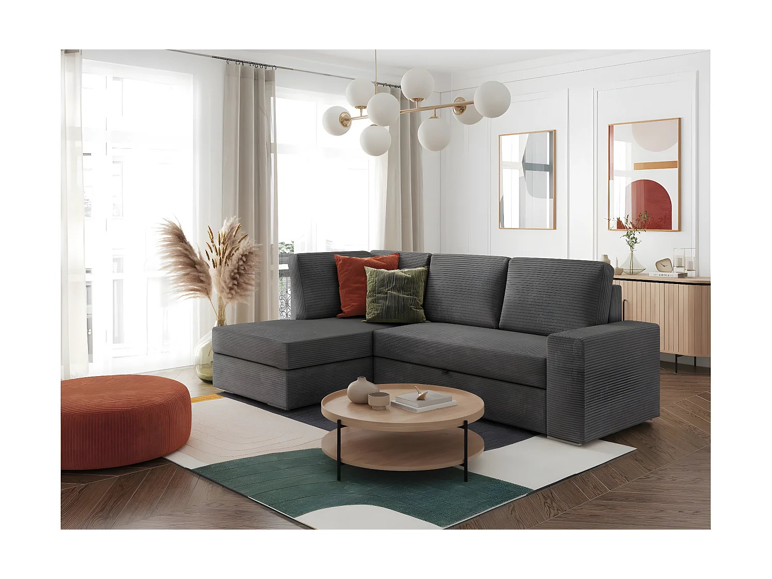 Canapé d'angle gauche 3 places convertible Aden avec coffre en velours côtelé - Gris anthracite - L246 x P174 x H96cm - Loungitude