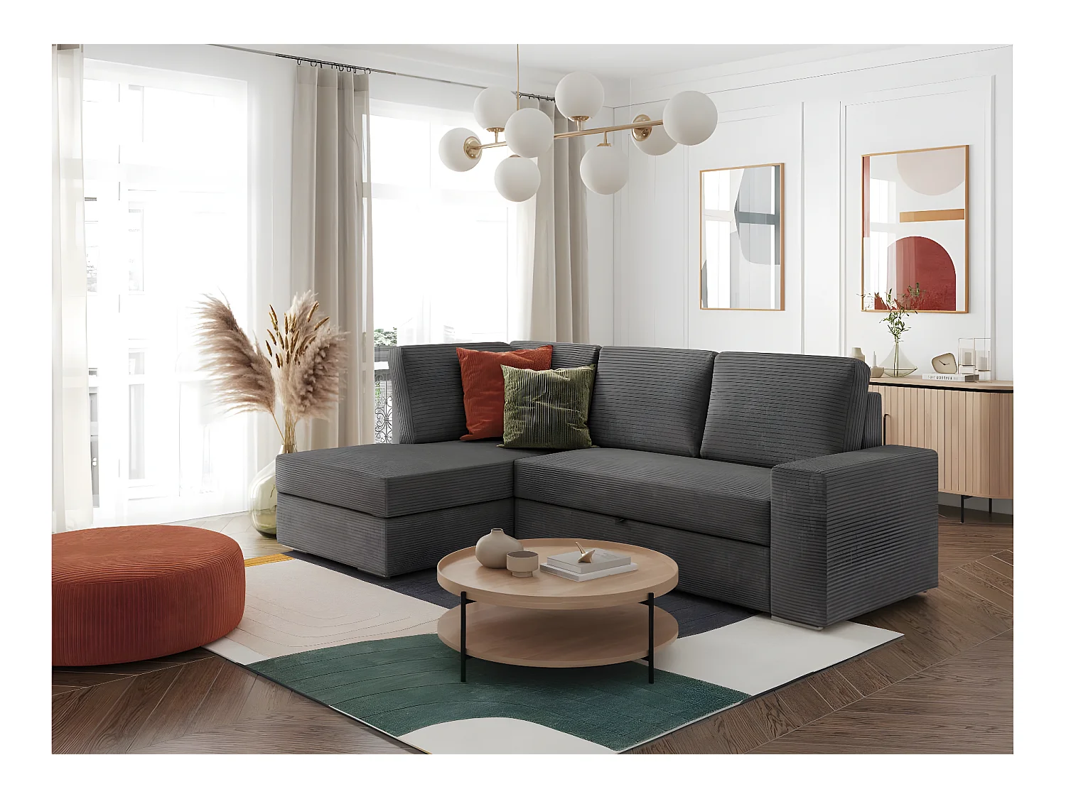 Canapé d'angle gauche 3 places convertible Aden avec coffre en velours côtelé - Gris anthracite - L246 x P174 x H96cm - Loungitude