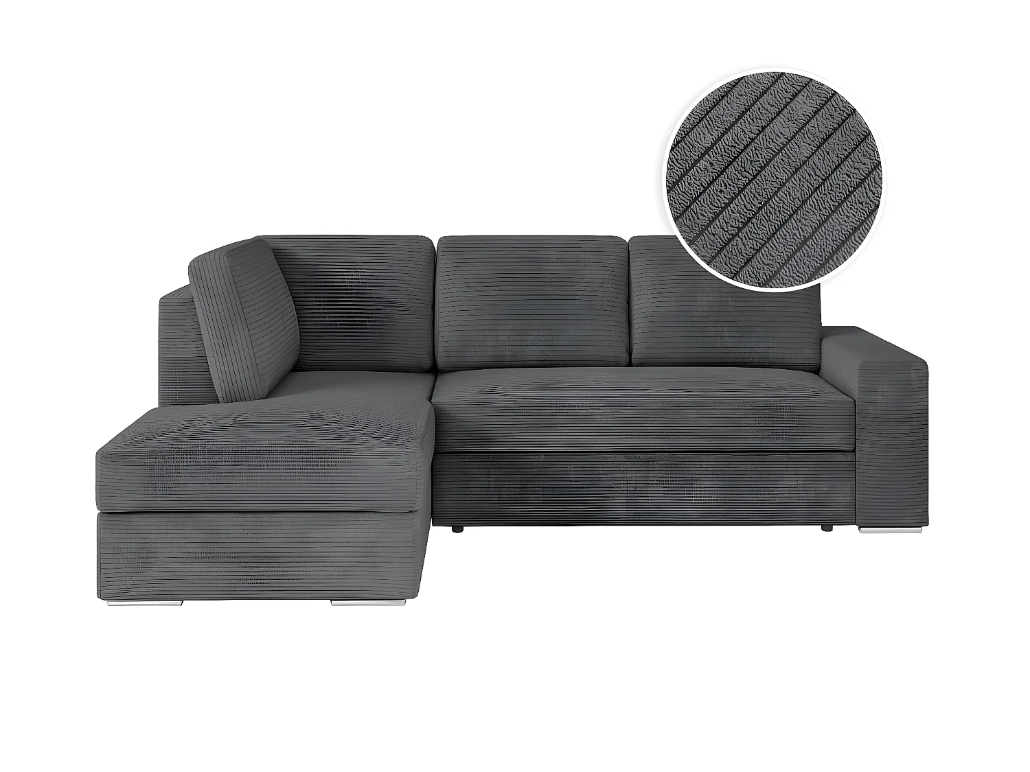 Canapé d'angle gauche 3 places convertible Aden avec coffre en velours côtelé - Gris anthracite - L246 x P174 x H96cm - Loungitude