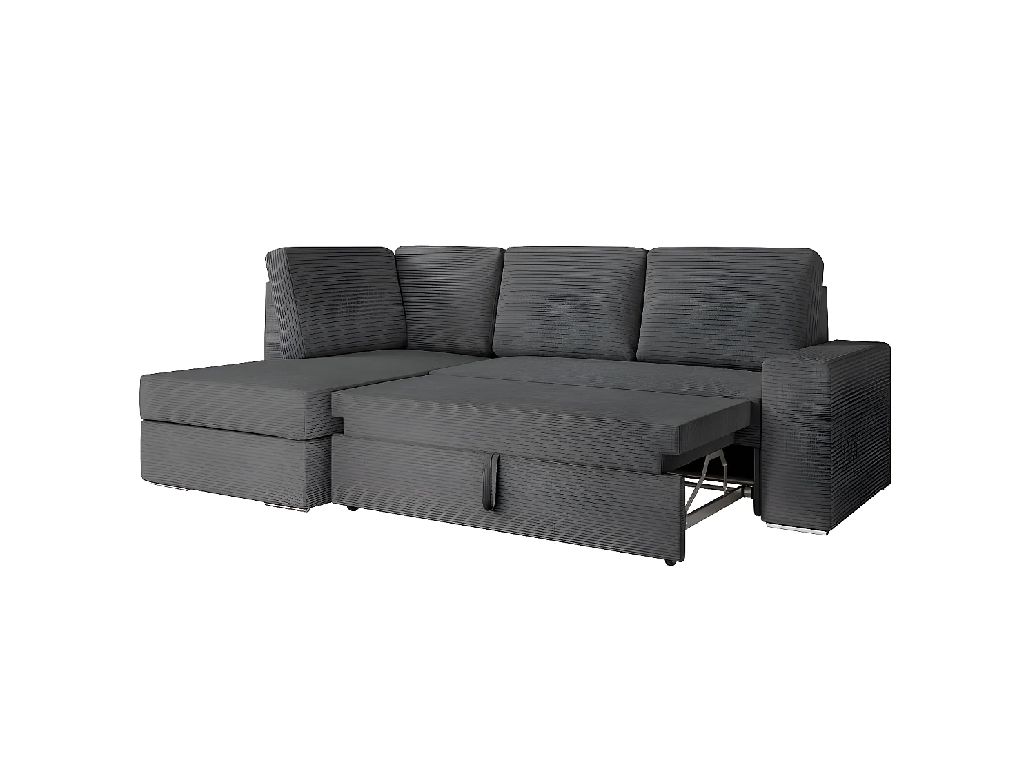 Canapé d'angle gauche 3 places convertible Aden avec coffre en velours côtelé - Gris anthracite - L246 x P174 x H96cm - Loungitude