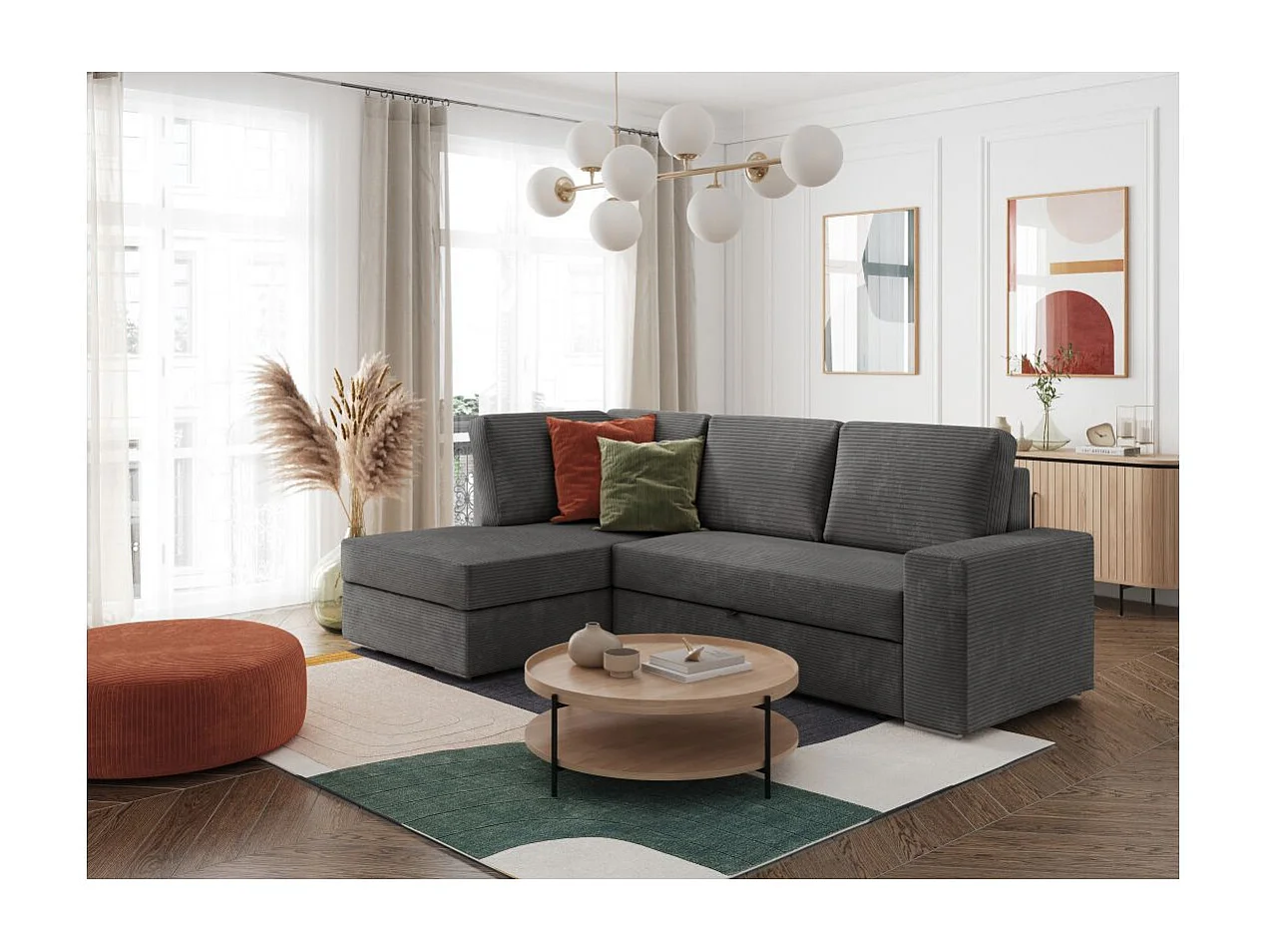 Canapé d'angle gauche 3 places convertible Aden avec coffre en velours côtelé - Gris anthracite - L246 x P174 x H96cm - Loungitude