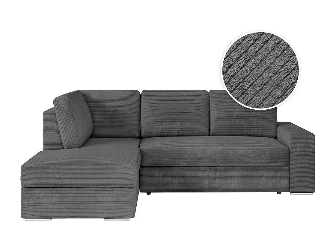 Canapé d'angle gauche 3 places convertible Aden avec coffre en velours côtelé - Gris anthracite - L246 x P174 x H96cm - Loungitude