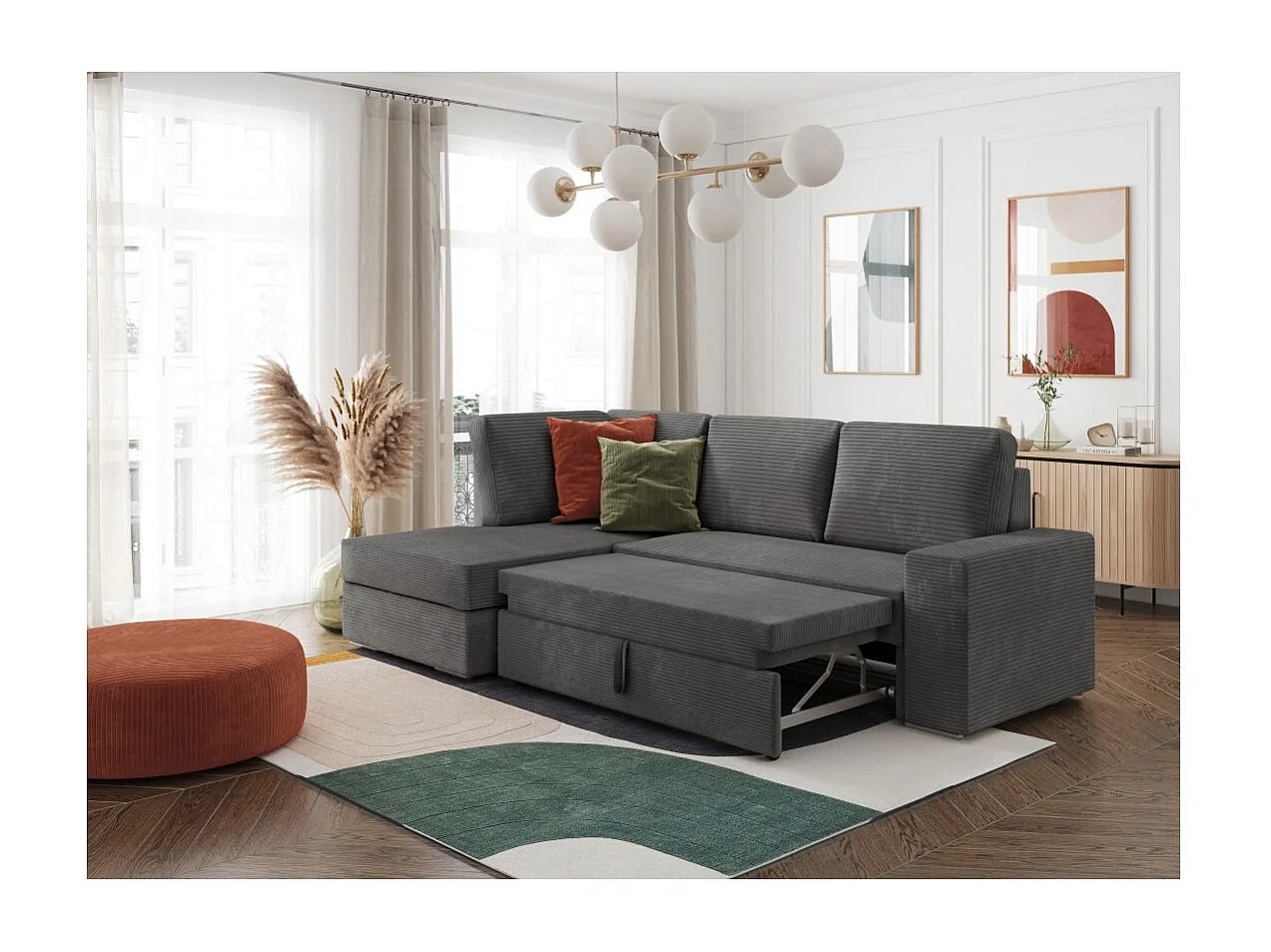 Canapé d'angle gauche 3 places convertible Aden avec coffre en velours côtelé - Gris anthracite - L246 x P174 x H96cm - Loungitude