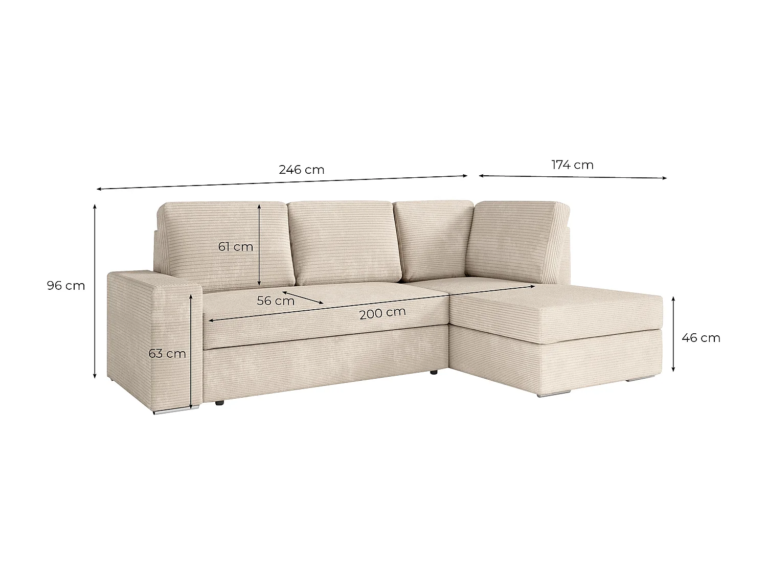 Canapé d'angle gauche 3 places convertible Aden avec coffre en velours côtelé - Gris anthracite - L246 x P174 x H96cm - Loungitude