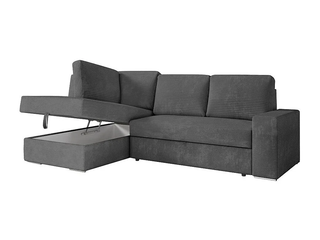 Canapé d'angle gauche 3 places convertible Aden avec coffre en velours côtelé - Gris anthracite - L246 x P174 x H96cm - Loungitude