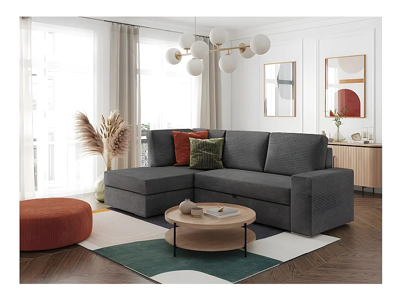 Canapé d'angle gauche 3 places convertible Aden avec coffre en velours côtelé - Gris anthracite - L246 x P174 x H96cm - Loungitude