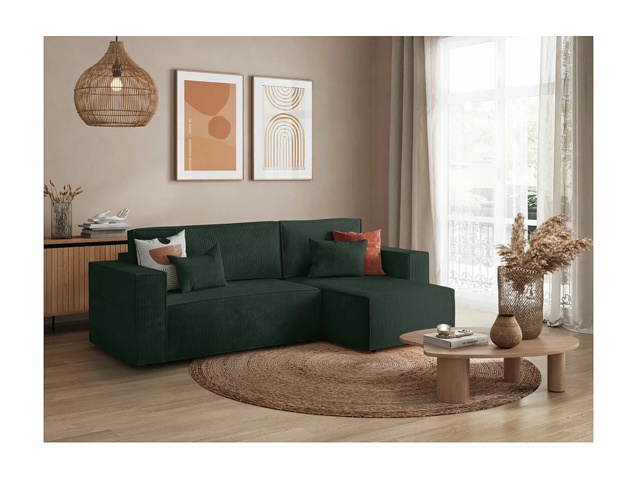 Canapé d'angle 3 places convertible réversible Clarisse avec coffre en velours côtelé- Vert foncé - L269 x P159 x H89cm - Loungitude