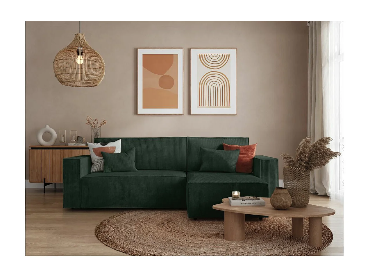 Canapé d'angle 3 places convertible réversible Clarisse avec coffre en velours côtelé- Vert foncé - L269 x P159 x H89cm - Loungitude