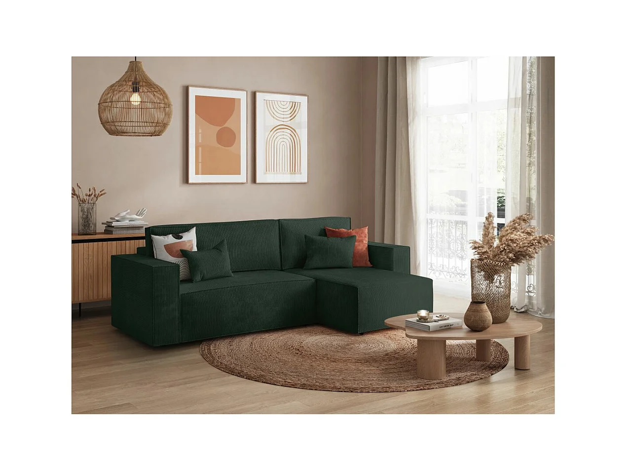 Canapé d'angle 3 places convertible réversible Clarisse avec coffre en velours côtelé- Vert foncé - L269 x P159 x H89cm - Loungitude