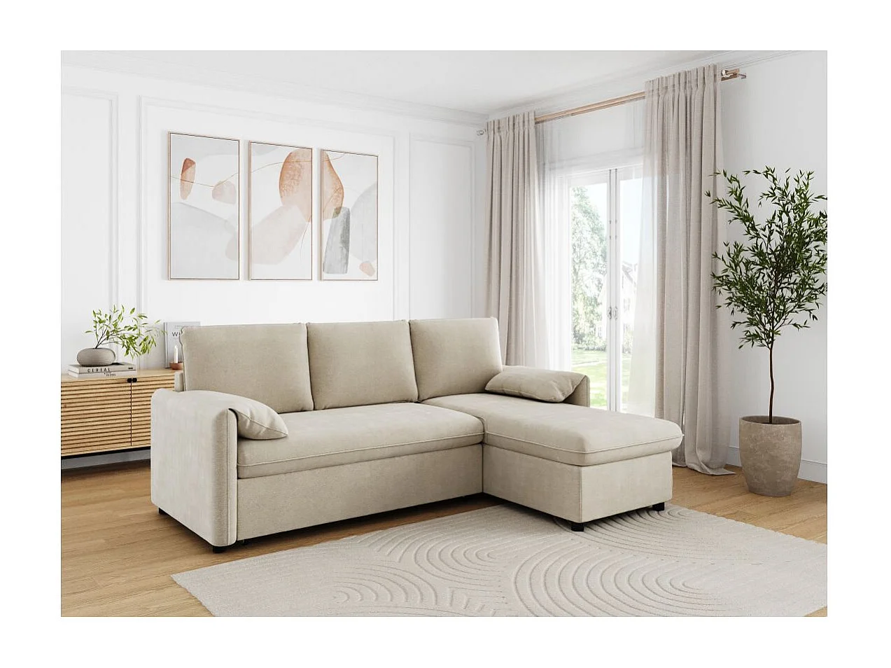 Canapé d'angle réversible 3 places Martin convertible en tissu - Beige - L233 x P159 x H96cm - Loungitude