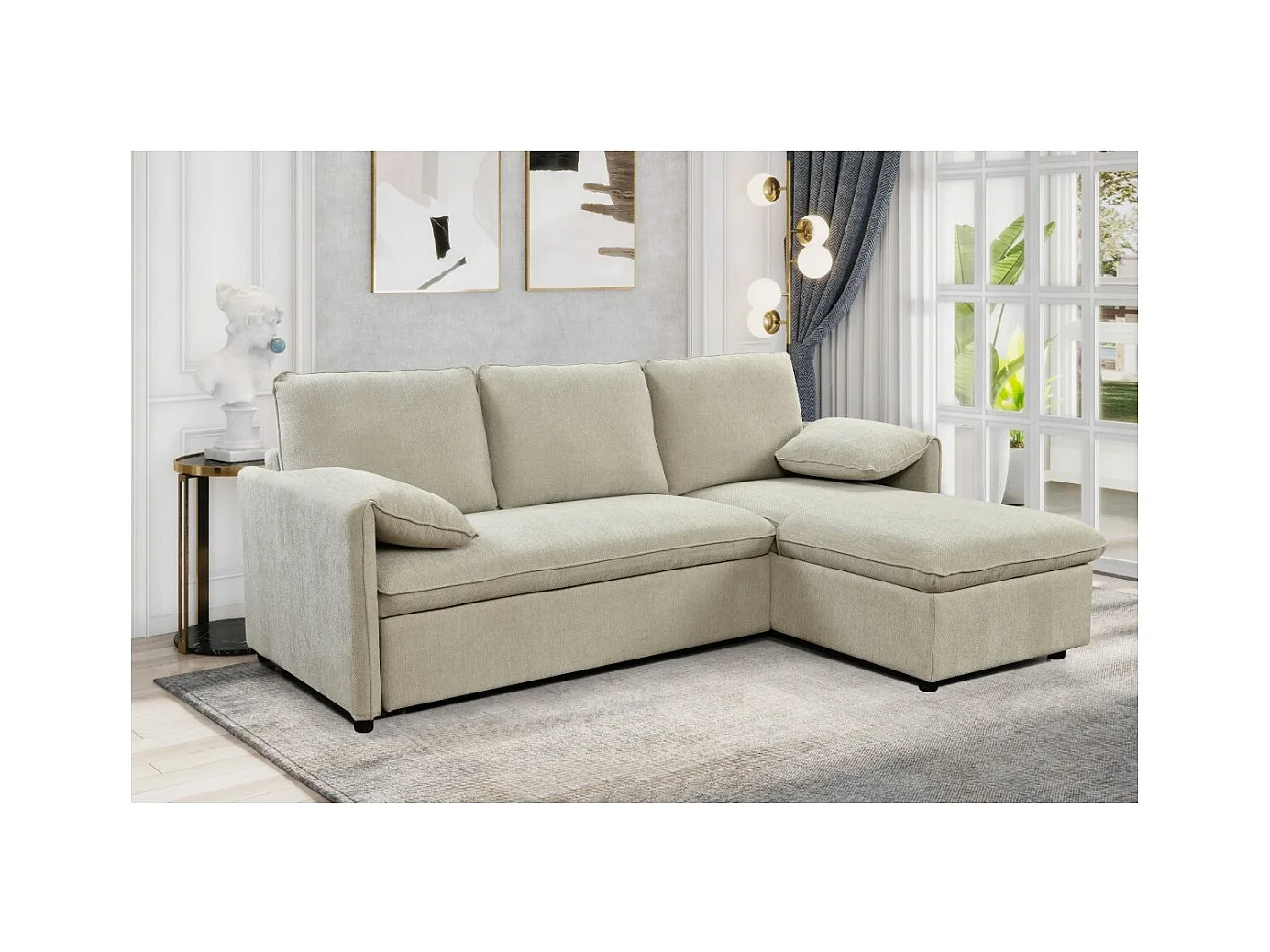 Canapé d'angle réversible 3 places Martin convertible en tissu - Beige - L233 x P159 x H96cm - Loungitude