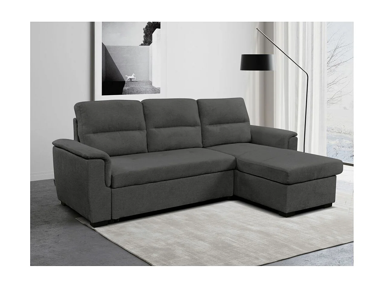 Canapé d'angle 3 places réversible Auguste convertible avec dossier haut en tissu - Gris - L239 x P155 x H98cm - Loungitude